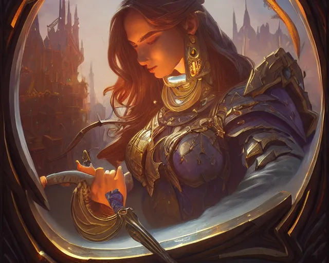 Image similar to shop window for magical weapons, close up shopkeeper, magic sword, deep focus, d & d, fantasy, intricate, elegant, highly detailed, digital painting, artstation, concept art, matte, sharp focus, illustration, hearthstone, art by artgerm and greg rutkowski and alphonse mucha