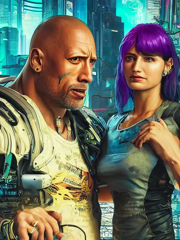 Prompt: a cyberpunk 2077 wedding portrait of Dwayne Johnson holding a female android,complex mess of cables and wires behind them connected to giant computer, love,film lighting, by laurie greasley,Lawrence Alma-Tadema,William Morris,Dan Mumford, trending on atrstation, full of color,face enhance, highly detailed,8K, octane,golden ratio,cinematic lighting