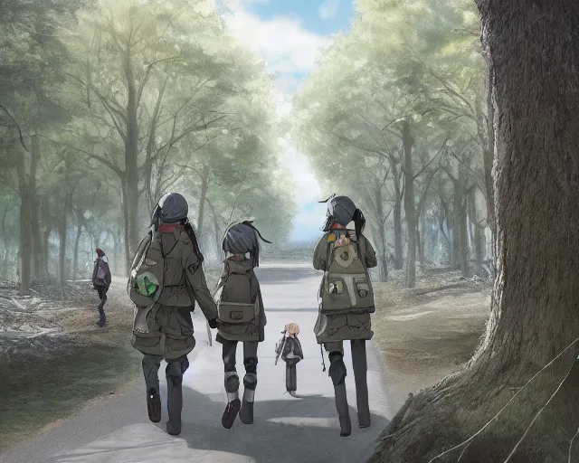 Image similar to characters from girl's last tour walking alongside the tree - lined street, hyperdetailed realistic illurstration, 8 k,