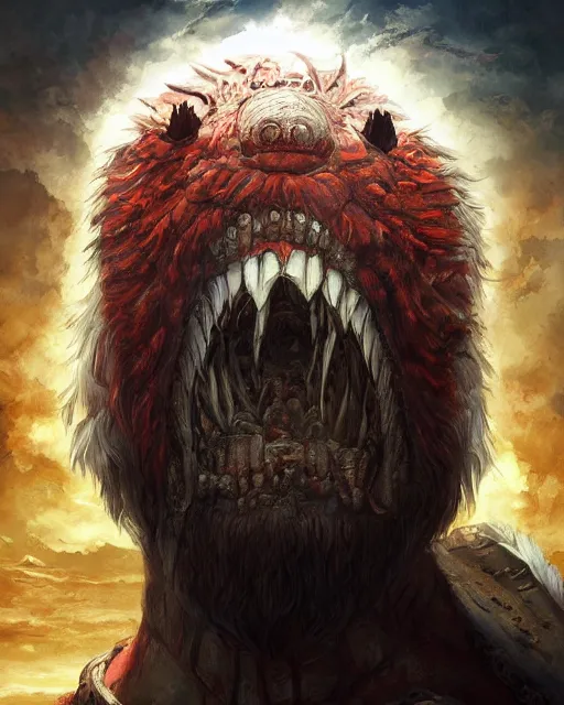 Prompt: portrait of elmo muppet as a titan from attack on titan, fantasy, intricate, elegant, highly detailed, digital painting, artstation, concept art, smooth, sharp focus, illustration, art by artgerm and greg rutkowski