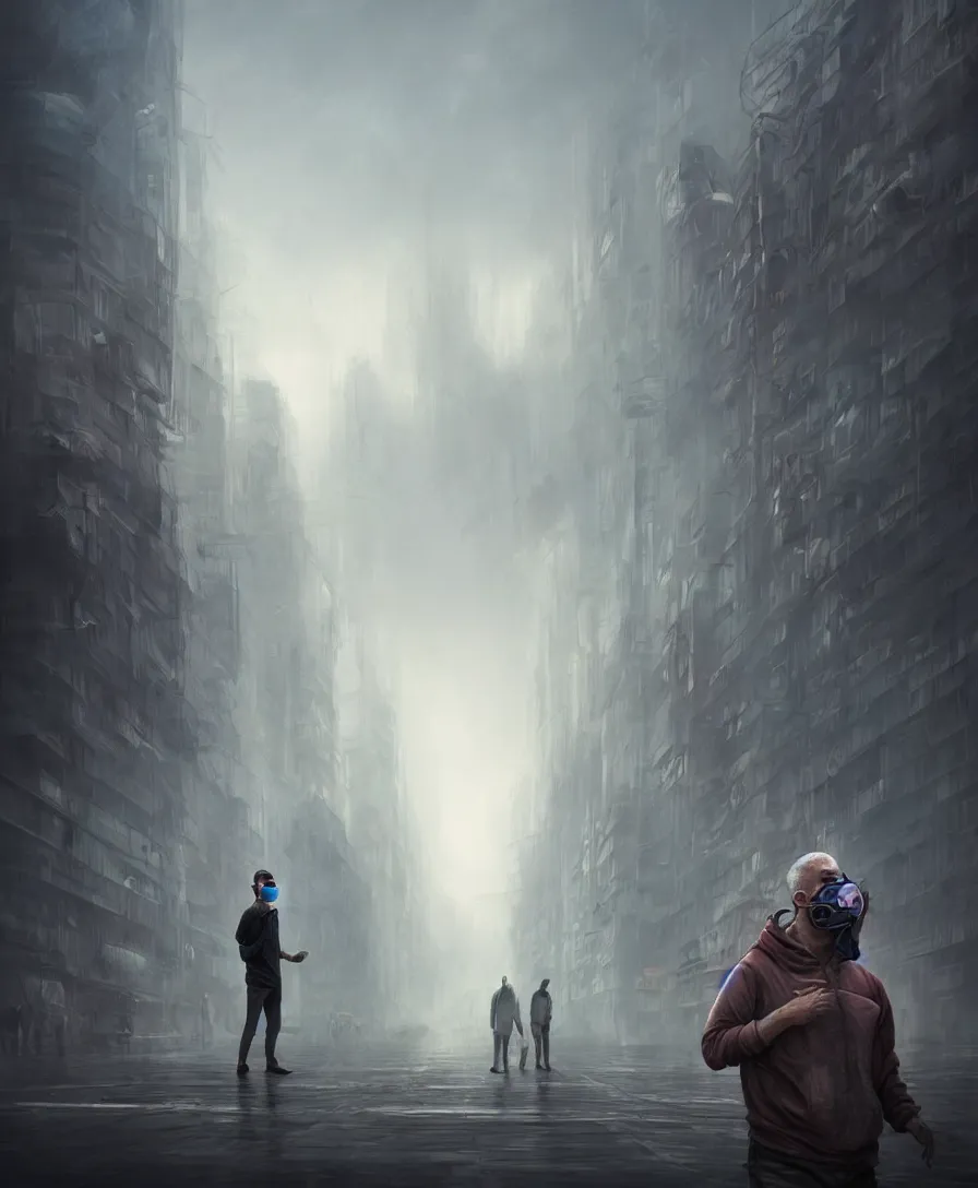 Prompt: a man suffering due to high air pollution in future, concept art, digital painting, cinematic lightening, people are wearing masks, wide angle shot, in the style of greg rutwoski, very hyper realistic, highly detailed, fantasy art station