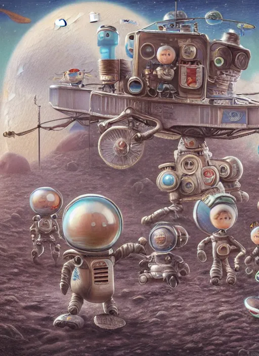 Image similar to highly detailed closeup, group portrait of a 1 8 8 0 s retro toy robots land on the moon, unreal engine, nicoletta ceccoli, mark ryden, earl norem, lostfish, global illumination, detailed and intricate environment