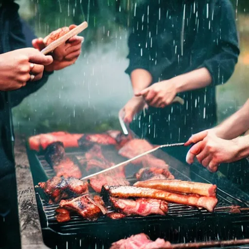 Prompt: photo of people doing bbq under heavy rain, ultra realistic face detailed eyes