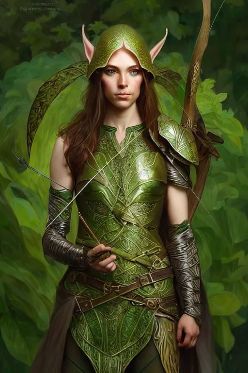 Image similar to male elven Archer armor made of green leaves, fantasy, amber eyes, face, long hair, intricate, elegant, highly detailed, digital painting, artstation, concept art, smooth, sharp focus, illustration, art by artgerm and greg rutkowski and alphonse mucha