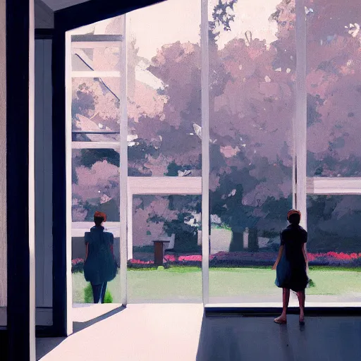 Image similar to farnsworth house painting by atey ghailan,, blue light, character looking back, cinematic, masterpiece
