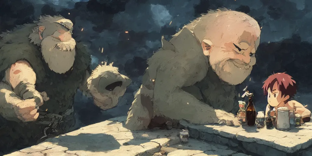 Image similar to a dwarf and his small pet dragon drinking a beer together | sharp contrast | by greg rutkowski makoto shinkai takashi takeuchi studio ghibli