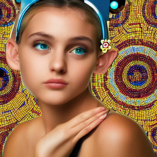 Image similar to portrait mosaic of a beautiful cute girl with robot ears and eyes, 4k, intricate details, digital, sun in the background