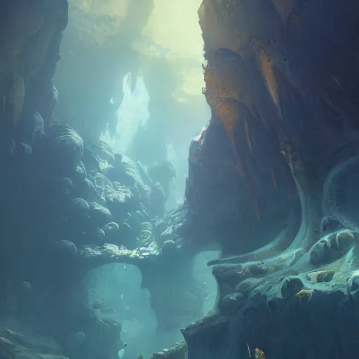 Image similar to masterpiece digital painting of underwater caves by kev walker and greg rutkowski and mucha, artstation, deviantart, closer view, cinematic lights
