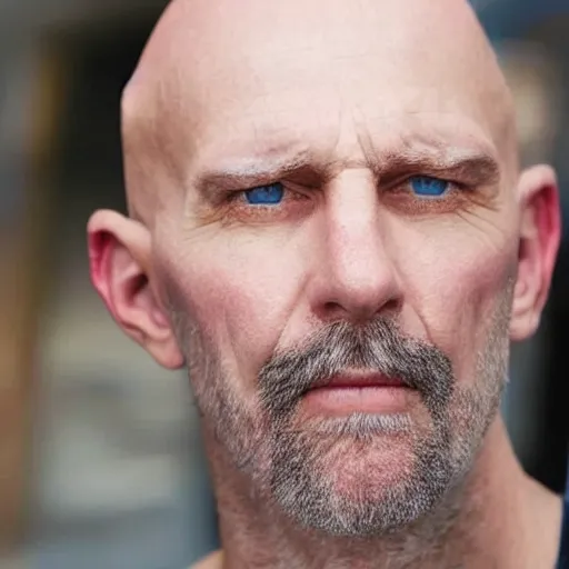 Prompt: tall bald man with blue eyes wrinkles strong jaw high cheekbones mustache small pointy nose no eyebrows large ears