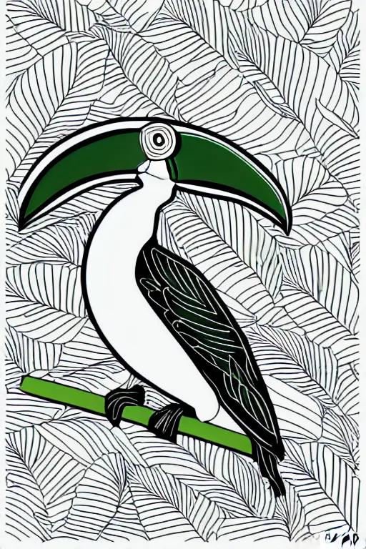 Prompt: luxury sculpture of toucan on green leafs background ornate ink drawing line art colouring page, vector, margins, fine lines, stock, centered