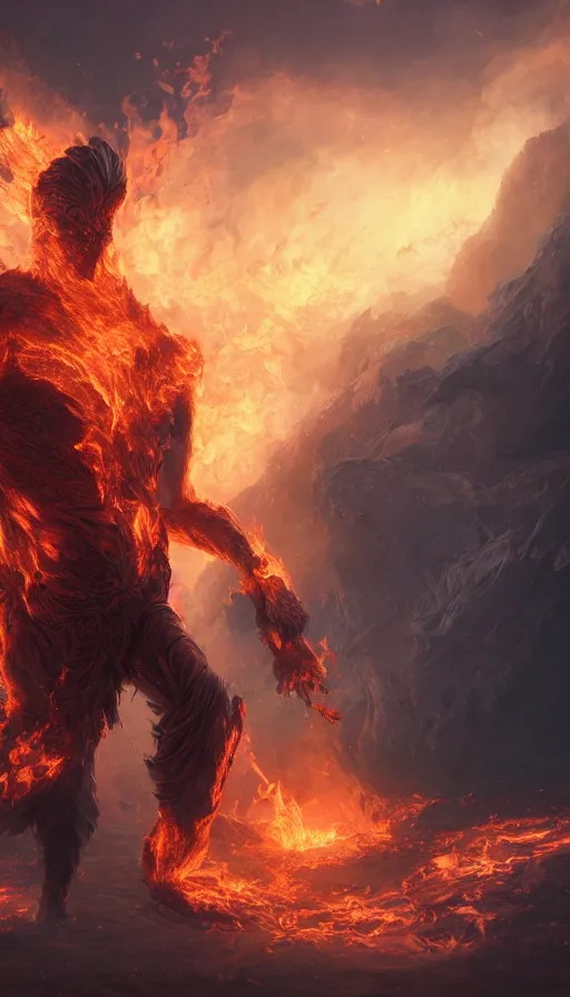 Image similar to fire elemental, man figure, flat background, man body, full body, intricate, beautiful, pathfinder, epic painting, paint texture, uplight, octane rendered, 8k, highly detailed, 3d render, unreal engine, concept art, illustration