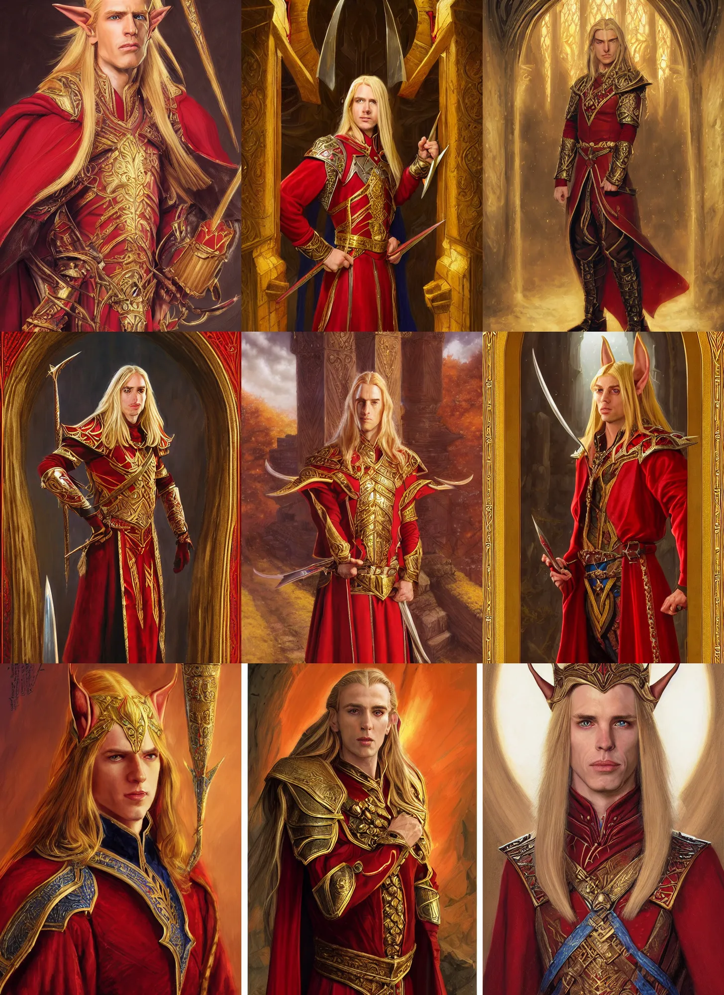 Prompt: a portrait of a noble high elf with long blonde hair, pointy ears, young adult male, wearing red and gold ornate attire, style by donato giancola, wayne reynolds, jeff easley dramatic light, high detail, cinematic lighting, artstation, dungeons and dragons