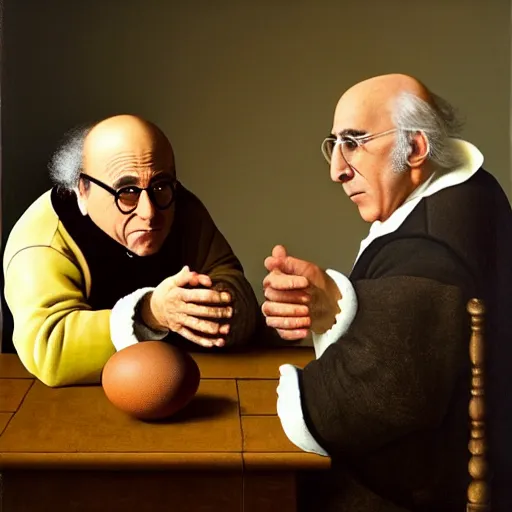 Image similar to danny devito and larry david fighting over a chair shaped like an egg, renaissance still life painting, masterpiece, realistic light and shadow, in the style of vermeer, highly detailed, photorealism