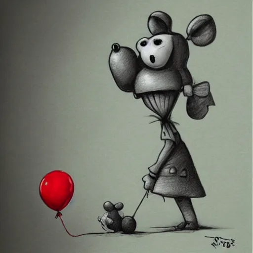 Image similar to surrealism grunge cartoon sketch of a teddy bear with a wide smile holding a red balloon by - michael karcz, loony toons style, horror theme, detailed, elegant, intricate