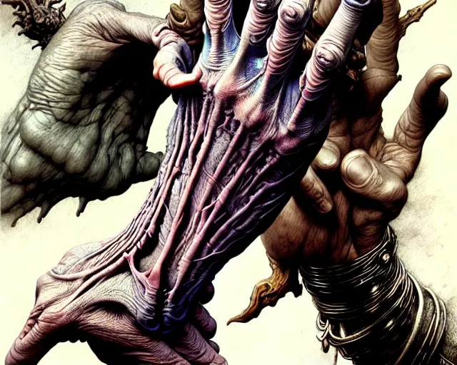 Image similar to human hand and forearm anatomy for artists fantasy art, ultra realistic, cinematic, wide angle, intricate details, highly detailed by greg rutkowski, wayne barlowe, aaron horkey, gaston bussiere, craig mullins, simon bisley, arthur rackham