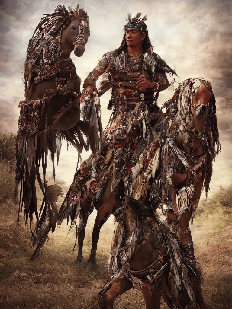 Prompt: one American Indian warrior and his horse, sacred feathers adorn, valley of quartz crystals, hyper realistic, dystopian, solarpunk, Mayan gods, realism, magical imagery, best algorithm, digital cinema camera, cooke lens feel, wide angle, 3D modelling, digital art, art by Zbrush