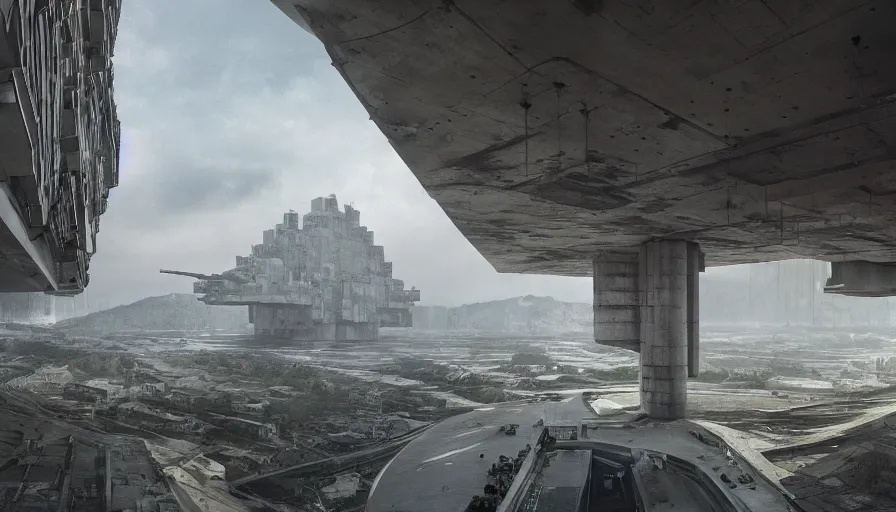 Image similar to big brutalist imperial military base on cliffs, drawing architecture, very long shot, top angle, imperial architecture in rogue one, pritzker architecture prize, brutalism architecture, jan urschel