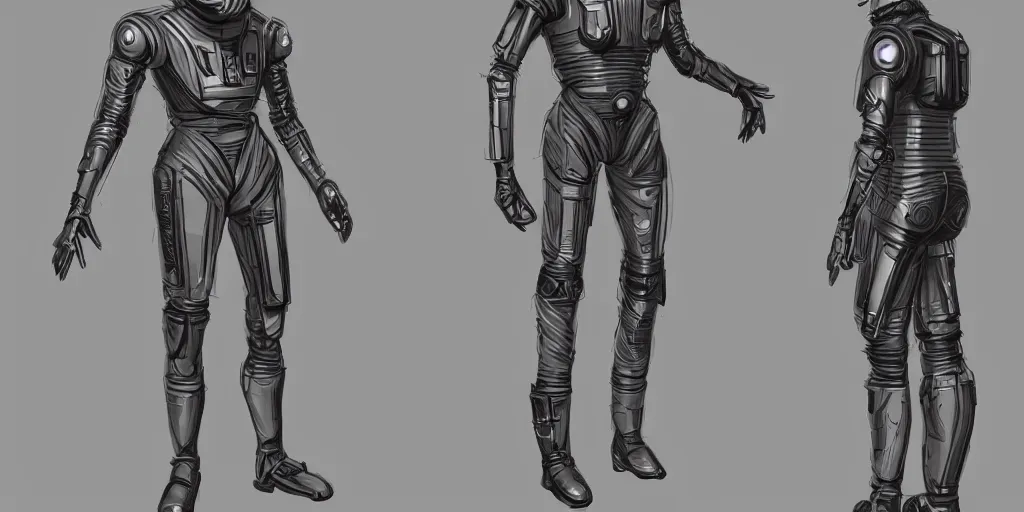 Image similar to male, fully body, elongated figure, science fiction space suit with a helmet, large shoulders, short torso, long thin legs, tiny feet, character sheet, digital sketch, hyperdetailed, dieselpunk, super stylized character design, concept design