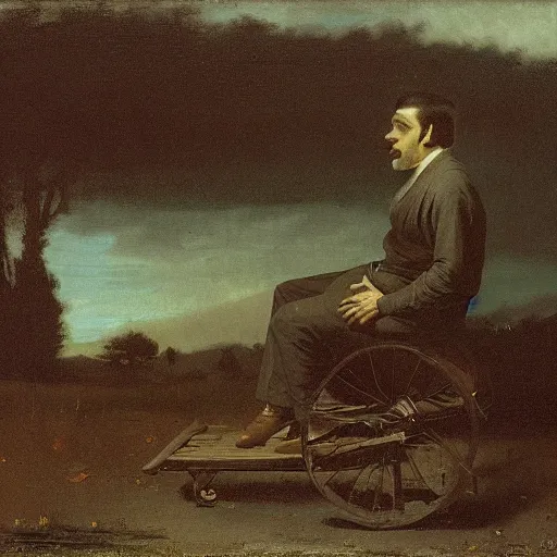 Image similar to a sullen man with black hair and a teal shirt sitting on the back of a cart, by Albert Bierstadt
