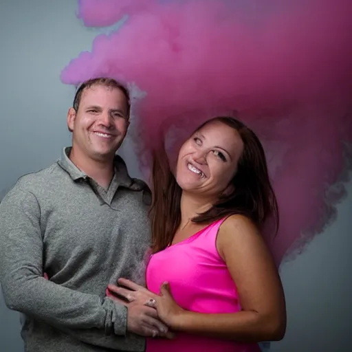 Image similar to a close up of a smiling couple of parents to be, 9 / 1 1 with pink smoke in the background