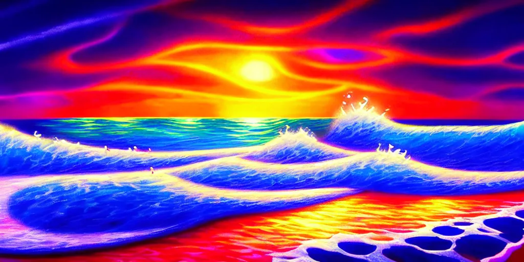 Image similar to a beach shaped like a singing mouth, the waves are made is musical notes, one wave is shaped like the mouths tongue, very colorful painting 8 k trending on art station, intricate details, very realistic, cinematic lighting, volumetric lighting,