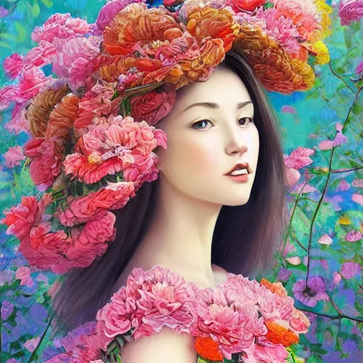 Image similar to a painting of a woman wearing a floral hat in a beautiful garden, an ultrafine detailed painting by james jean, cgsociety, figurative art, ilya kuvshinov, detailed painting, rich color palette