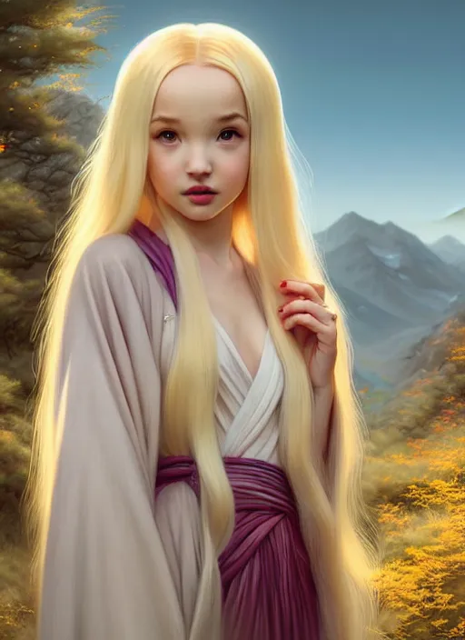 Prompt: dove cameron with long blonde hair wearing kimono walking in the mountains on a sunny day, by tom bagshaw and ilya kuvshinov, rtx rendering, octane render 1 2 8 k, maya, extreme high intricate details by wlop, digital anime art by ross tran, medium shot, composition by sana takeda, dramatic lighting by greg rutkowski