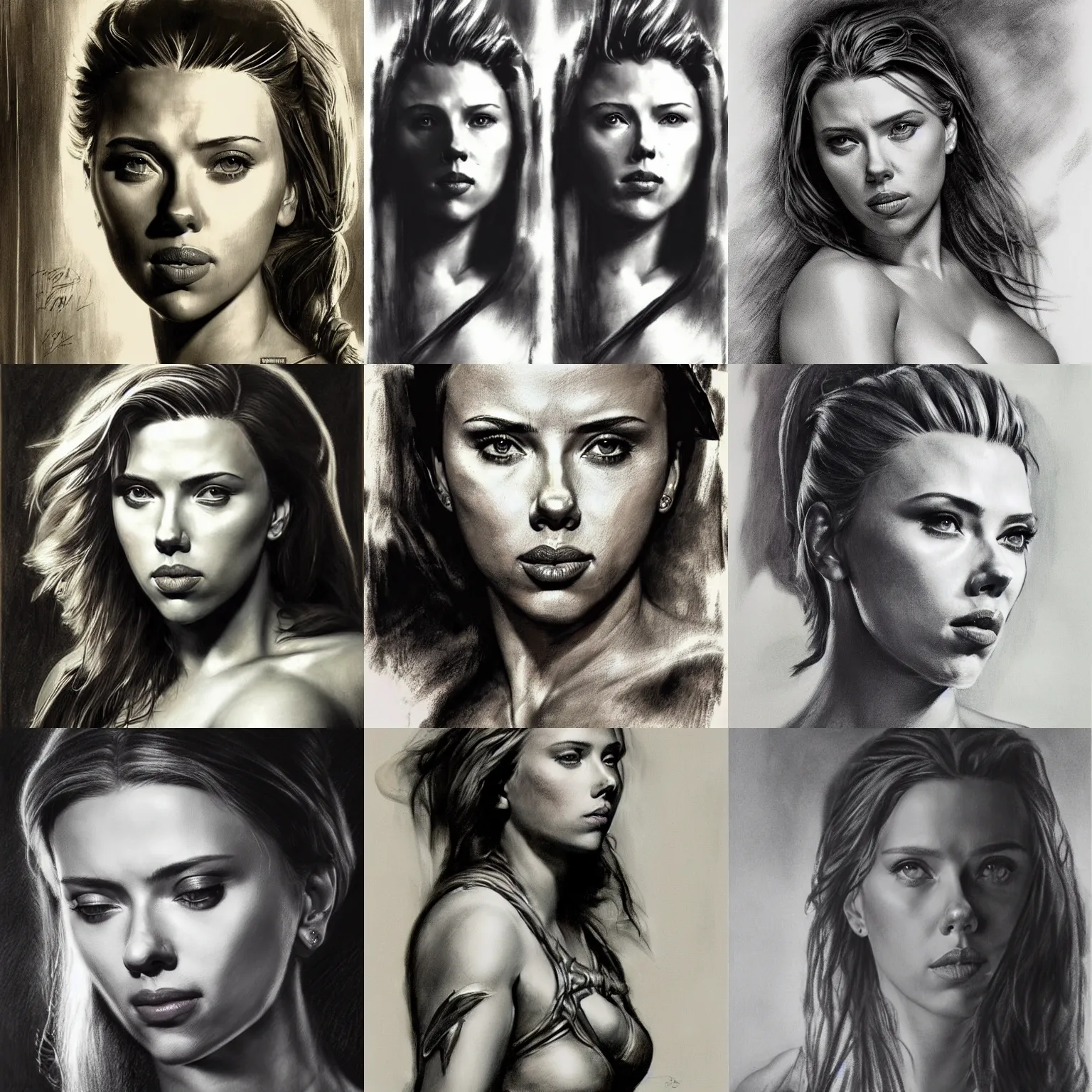 Prompt: husam wleed and frank frazetta charcoal portrait of scarlett johansson warrior, full body centered in portrait, 8 k, realistic, photo real, smooth, sharp, intricate detail, hyper detail, dramatic lighting, dramatic shading