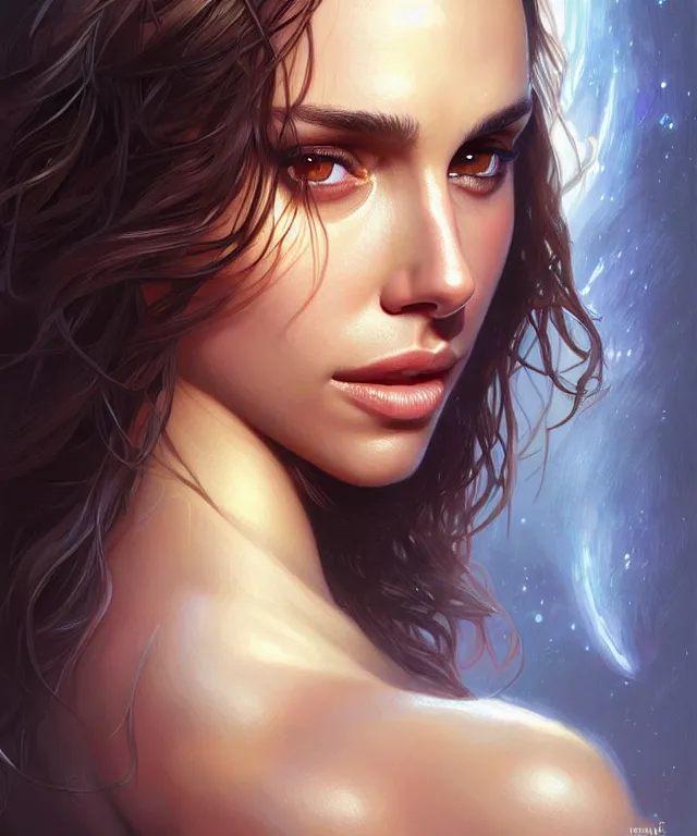 Image similar to half Nathalie portman half jessica alba portrait, sci-fi, amber eyes, beautiful face, appealing long hair, fantasy, intricate, elegant, highly detailed, digital painting, artstation, concept art, smooth, sharp focus, illustration, art by artgerm and greg rutkowski and alphonse mucha