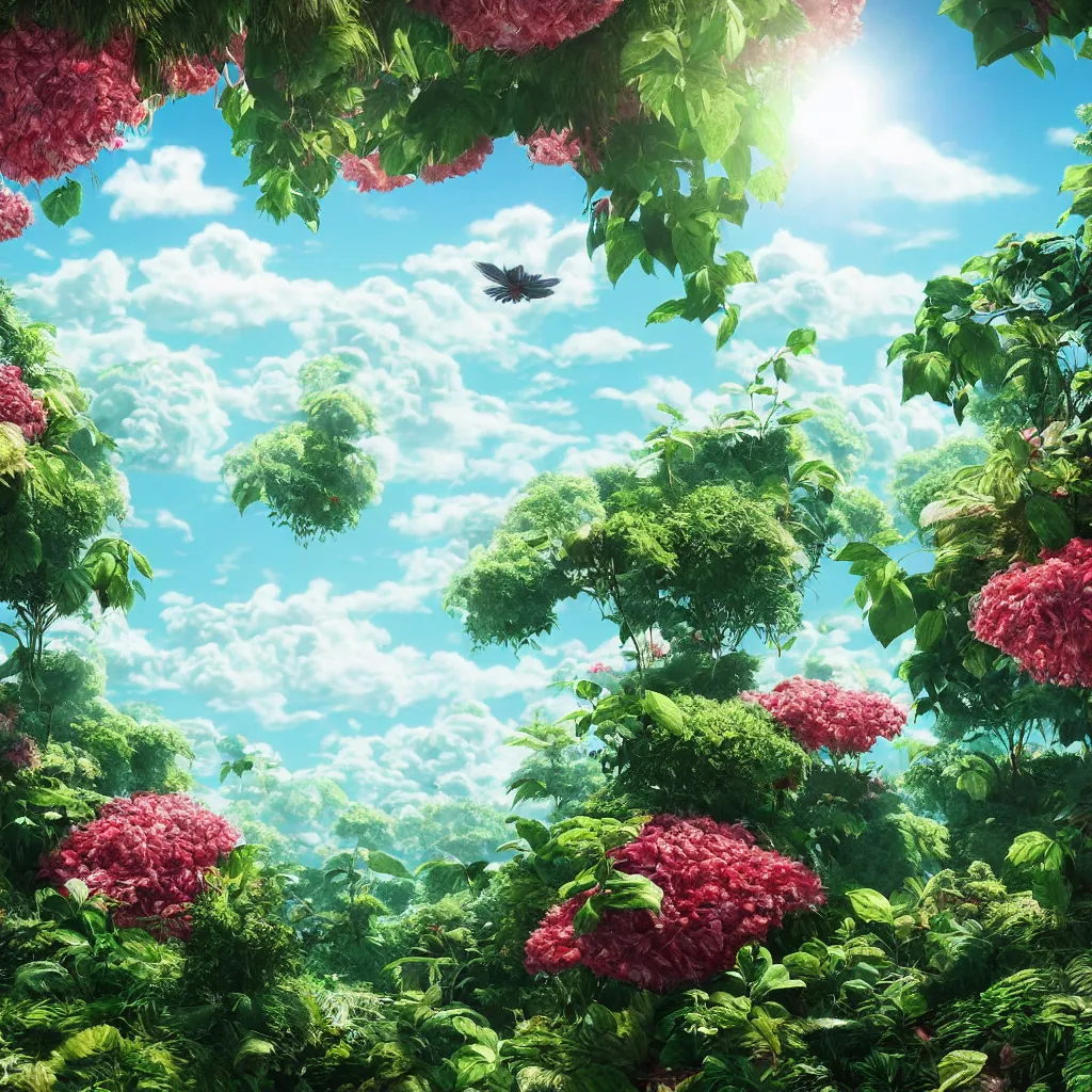 Image similar to city in the sky, flying island, white fluffy cloud, monocular, volumetric light, leaves foliage and stems, hibiscus flowers, alexander mcqueen, rim light, studio ghibli 8 k