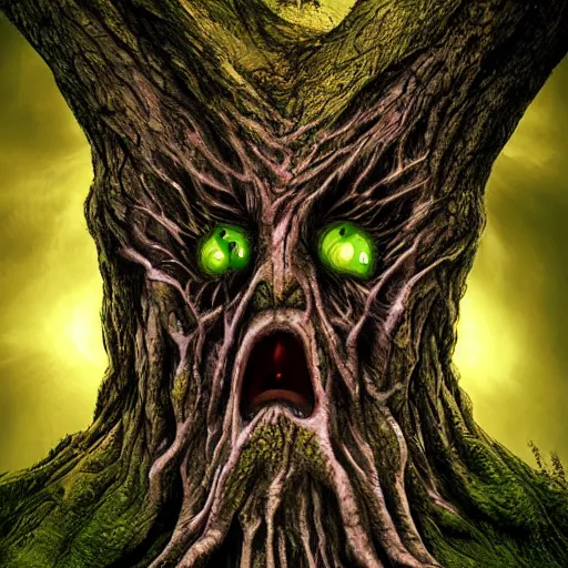 Prompt: scary tree face horror by Dariusz Zawadzki