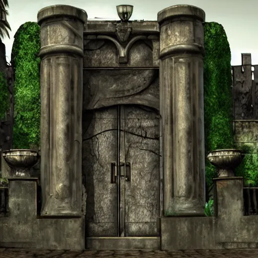 Prompt: entrance of a mansion, gargoyles, plants, background of resident evil game
