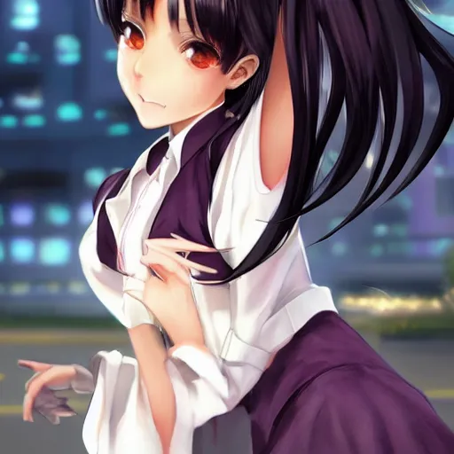 Image similar to luxury advertisement, astonishing portrait of a very beautiful anime schoolgirl with black bob hair, full perfect face, she is dancing. Realistic, highly detailed background, artstation, 120 degree view, drawn by Sasoura, Satchely and Akihiko Yoshida, no distortion