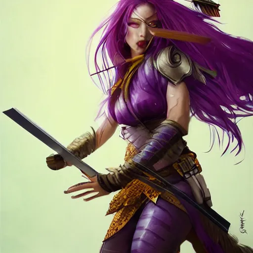 Image similar to beautiful female warrior with long purple hair and katana in epic fighting pose, highly detailed, trending on artstation, stylized, by WLOP