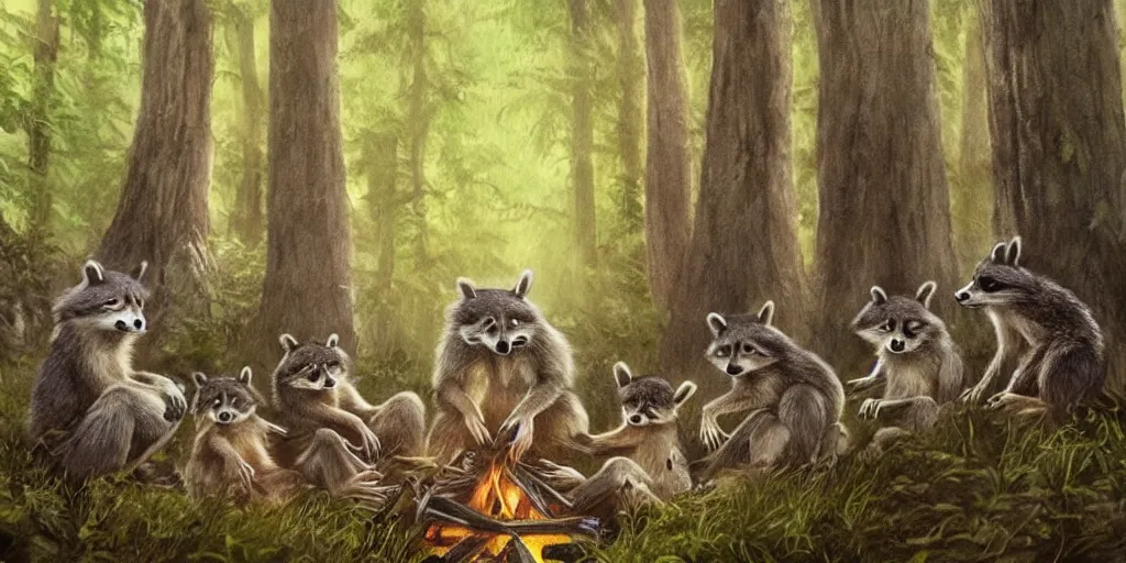 Image similar to A small group of racoons is sitting in the forest next to a campfire. There is a wolf sneaking from the side. Cinematic, very beautiful, painting in the style of Lord of the rings