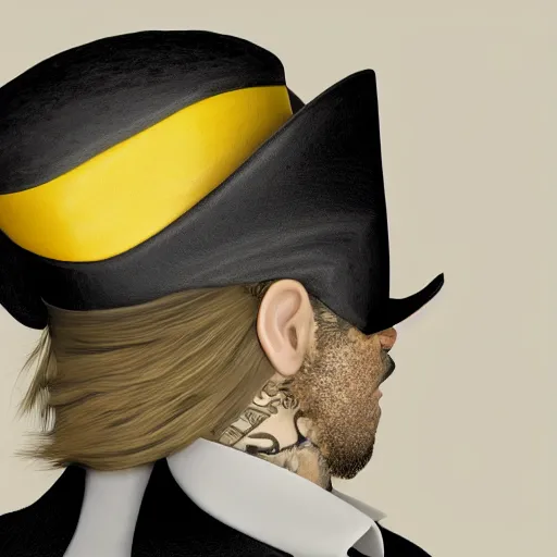 Image similar to a highly detailed portrait of a man in a high top hat covering his face, in a black tailcoat with a yellow waistcoat under the tailcoat, artstation, deviantart, professional, unreal engine 5, photorealistic