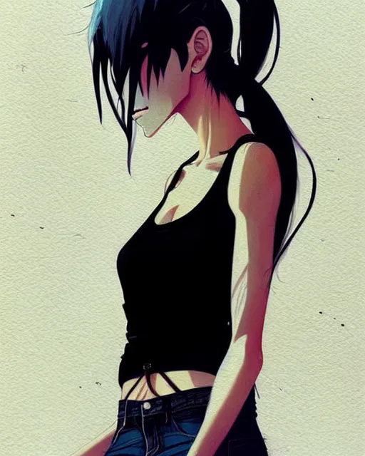 Prompt: a ultradetailed beautiful painting of a stylish woman, she is wearing a black tank top and jeans, she has white hair in a pony tail, by conrad roset, greg rutkowski and makoto shinkai trending on artstation