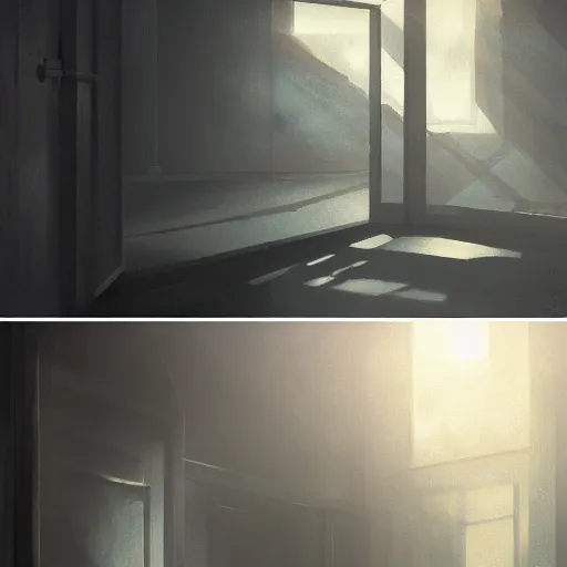 Prompt: a highly detailed matte painting of a dark black room at night, the door is almost closed and light shines through a gap by studio ghibli, makoto shinkai, by artgerm, by wlop, by greg rutkowski, volumetric lighting, octane render, 4 k resolution, trending on artstation, masterpiece
