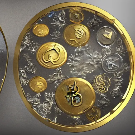 Image similar to coins from a fantasy world, made of gold and silver, magic symbols are engraved on them, unreal engine 5 4k render, artstation