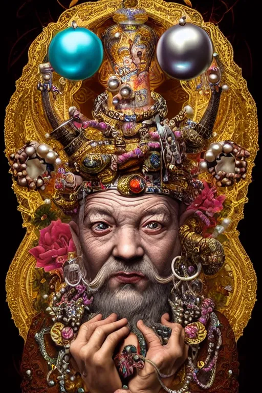 Image similar to maximalist detailed wise old genie portrait by adoryanti, machine. delusions, holosomnia, electrixbunny, rendered in discodiffusion. decorated with pearls and gems, behance hd. by andrei riabovitchev, tomasz alen kopera, oleksandra shchaslyva igor goryunov artgerm. ray tracing hdr polished sharp