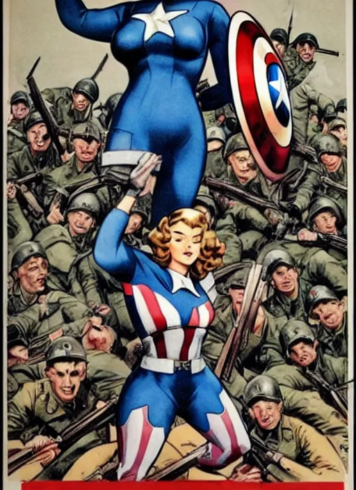 Image similar to beautiful female captain america standing on a pile of defeated german soldiers. feminist captain america wins wwii. american wwii propaganda poster by james gurney. anime