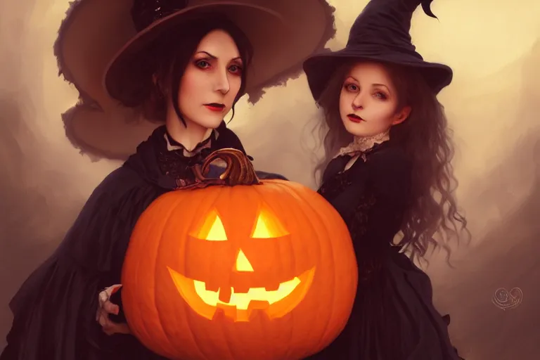 Image similar to portrait of a ghoulish victorian witch holding a jack - o - lantern, halloween night, charlie bowater, artgerm, ilya kuvshinov, krenz cushart, ruan jia, realism, ultra detailed, 8 k resolution