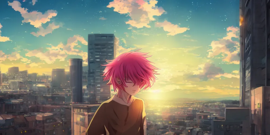 Image similar to anime art, anime key visual of a cute elegant anime girl with pink hair and big eyes, city rooftop at sunset with clouds, golden hour sunset, background blur bokeh!, beautiful lighting, high quality illustration, studio ghibli