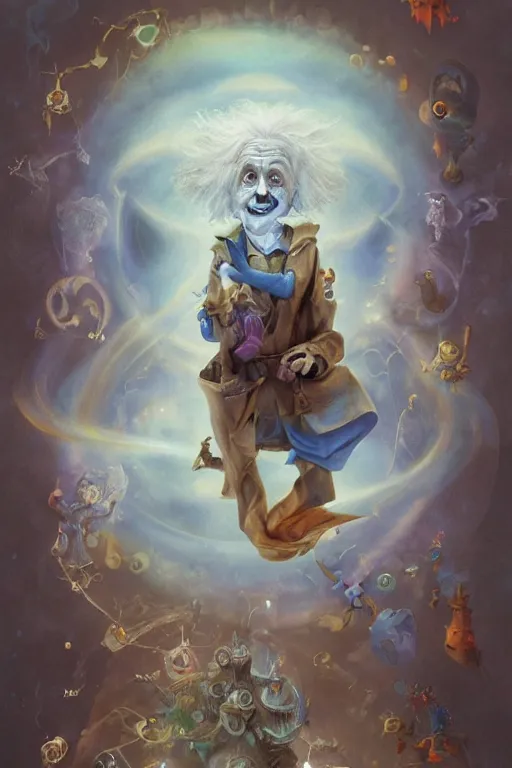 Image similar to spooky painting of albert einstein dressed as a disney genie, sky full of white equations, matte painting by brian froud, shaun tan, wlo and peter mohrbacher, highly detailed, intricate,, award winning artwork, trending on artstation, high quality printing, fine art