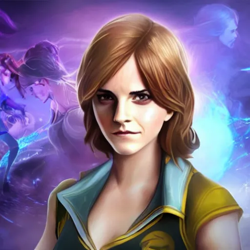 Image similar to emma watson as a character in the game league of legends, with a background based on the game league of legends, detailed face