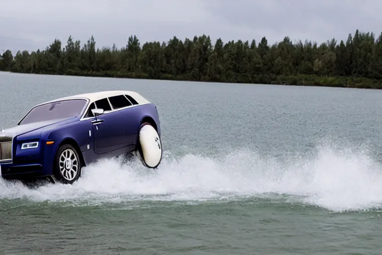 Image similar to Teenagers push Rolls-Royce into lake with their hands from a small slide wanting to drown him