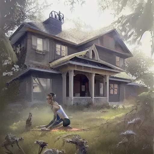 Prompt: a small suburban house under construction. beautiful painting by artgerm and greg rutkowski