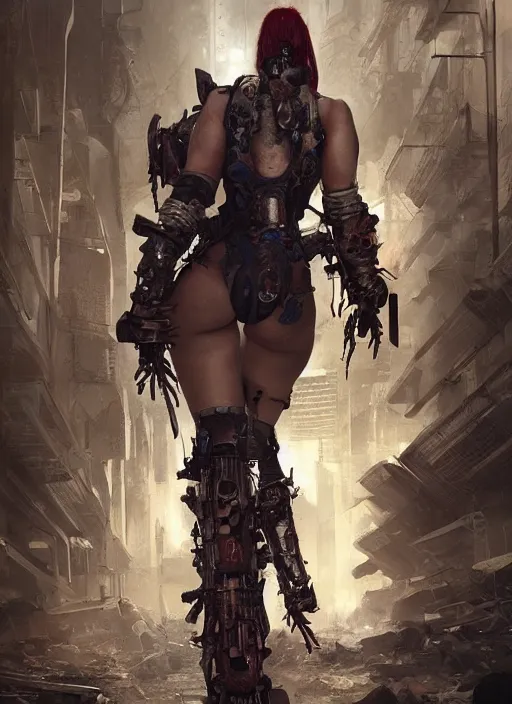 Prompt: hyper realistic photography portrait of postapocalyptic predator cyberpunk asian japanese cyborg tribal festival warrior curvy voluptuous curvaceous partygirl amazon face cinematic, vallejo, back shot, craig mullins greg rutkowski, artstation, cgsociety