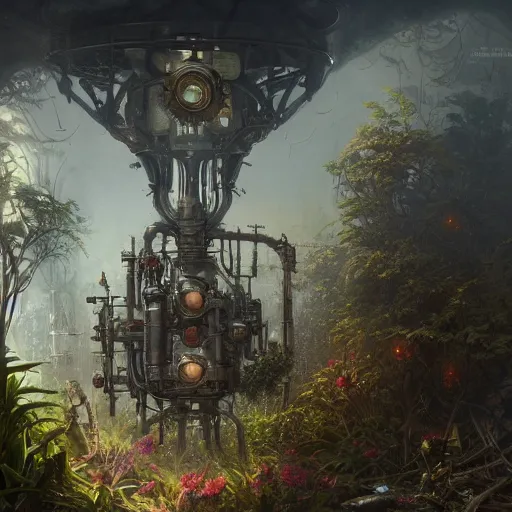 Prompt: a ultradetailed beautiful concept art of the core of a steampunk machine where vegetation have start to peacefully grow, dramatic lighting, dynamic lighting, cinematic lighting, concept art, high resolution 4 k, by tom bagshaw, greg rutkowski, charli bowater and artgeem