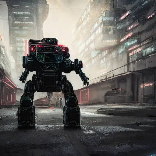 Prompt: panorama industrial military mech cyborg on a sci-fi military style motocycle, wearing bullet-riddled armor, glowing red eyes, wearing brutalist art deco industrial cyberpunk alley, dynamic dramatic dark moody lighting,shadows,cinematic atmosphere,Artstation, hyperrealistic 3D digital art,Octane render,8K 4K UHD image